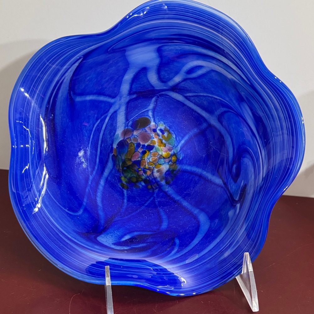 Vintage Dockyard Glassworks Hand Blown Blue Swirls Ruffled Free Form Bowl